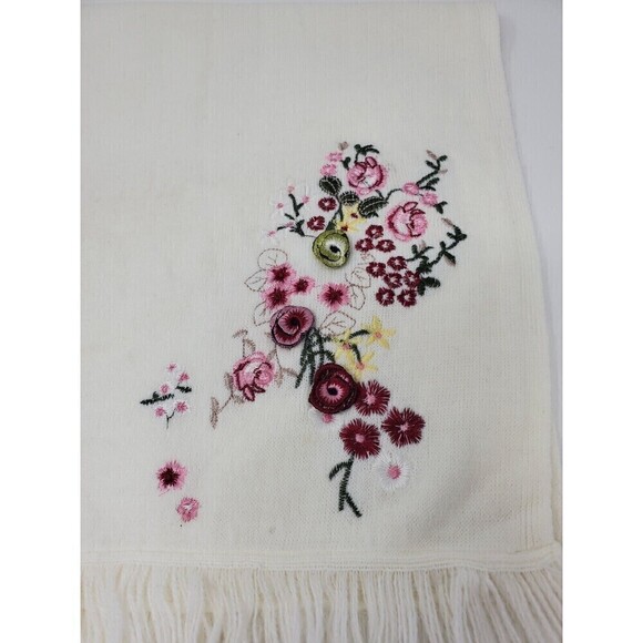VINTAGE 100% CASHMERE CREAM LONG SCARF PINK FLOWERS EMBROIDERY WOMEN OS - Picture 8 of 12